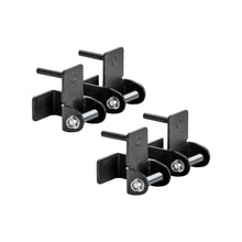 Four Bells of Steel Safety Strap Connectors in black metal, featuring protruding pins and bolts, are arranged in two rows on a white background—essential hardware for enhancing your power rack’s training safety.