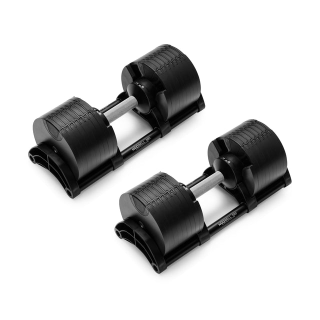 The NÜOBELL Adjustable Dumbbells by Nuobell, featuring sleek rectangular designs with dial mechanisms and metallic knurled handles for a secure grip, sit side by side on a white background.