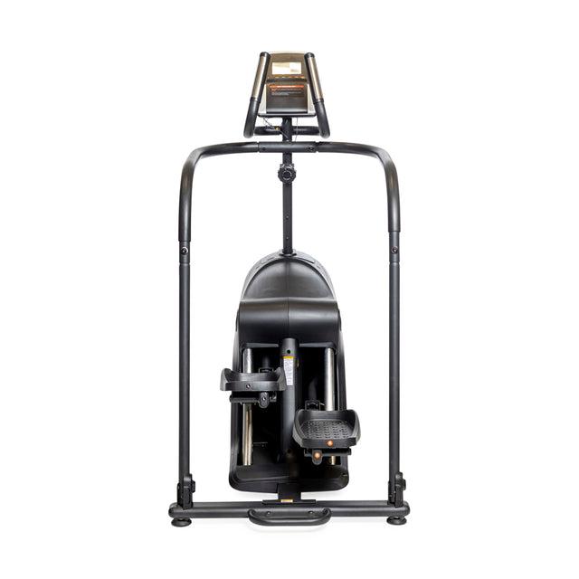 Front view of the Bells of Steel Blitz Stepper in black, featuring foot pedals, hand grips, and a top digital display, designed for low-impact full-body cardio workouts against a white background.