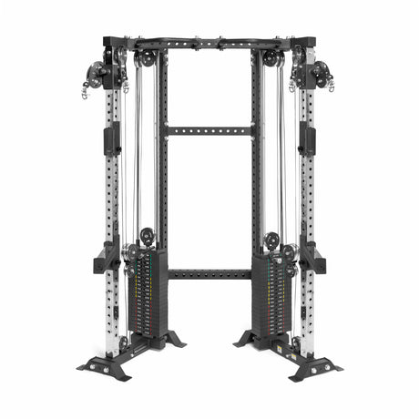 The Bells of Steel Functional Trainer Cable Tower in black and silver features adjustable pulleys, weight stacks, and a sturdy frame for various strength exercises. This versatile machine offers precision for your workout routine.