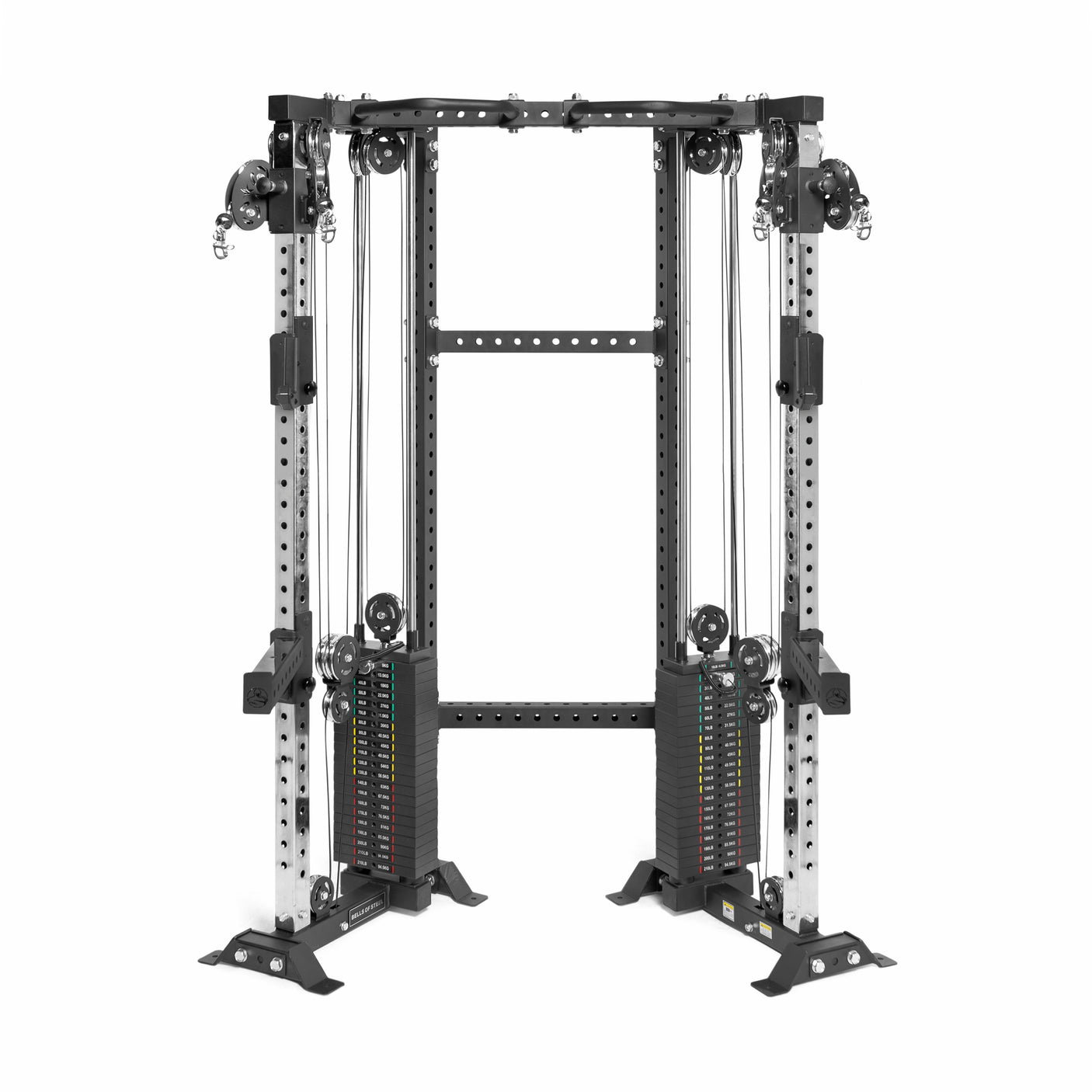 The Bells of Steel Functional Trainer Cable Tower in black and silver features adjustable pulleys, weight stacks, and a sturdy frame for various strength exercises. This versatile machine offers precision for your workout routine.