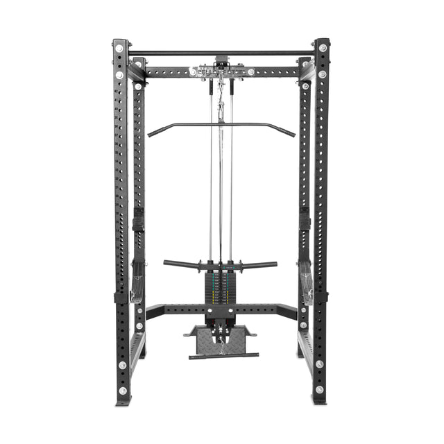 The Bells of Steel Lat Pulldown & Low Row Rack Attachment for Hydra & Manticore is black and silver, offering a versatile lat pulldown with an adjustable weight stack. Its sturdy frame, multiple adjustment holes, and low row attachment make it ideal for various strength training workouts.