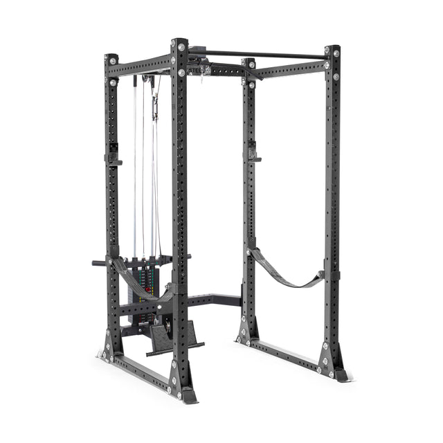 The Lat Pulldown & Low Row Rack Attachment from Bells of Steel, compatible with Hydra & Manticore, features adjustable pins, a pull-up bar, and a sturdy black steel frame with multiple holes for customization in gym settings, ideal for versatile cable exercises.