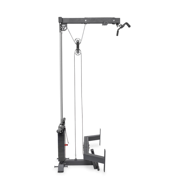 The Bells of Steel Lat Pulldown & Low Row Rack Attachment for Hydra & Manticore systems offers a sturdy, compact vertical design with pulleys, cables, and a handle for strength training. It includes a low row attachment and straight bar to enhance weight support during cable exercises.