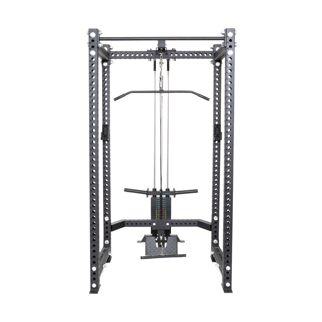 The Bells of Steel Lat Pulldown & Low Row Rack Attachment - Hydra & Manticore is a versatile power rack for weightlifting and strength training. It includes attachments for cable exercises, a lat pulldown, pull-up bar, and supports Olympic plates for adjustable resistance.