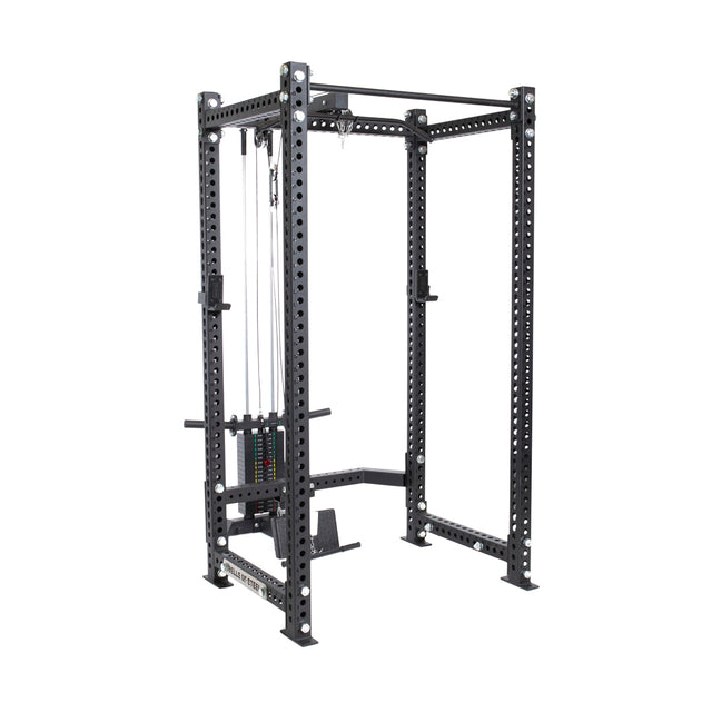 The Bells of Steel Lat Pulldown & Low Row Rack Attachment for Hydra & Manticore features a black metal power rack with a pulley system, adjustable bar height holes, diverse attachment options, and visible central weight plates.