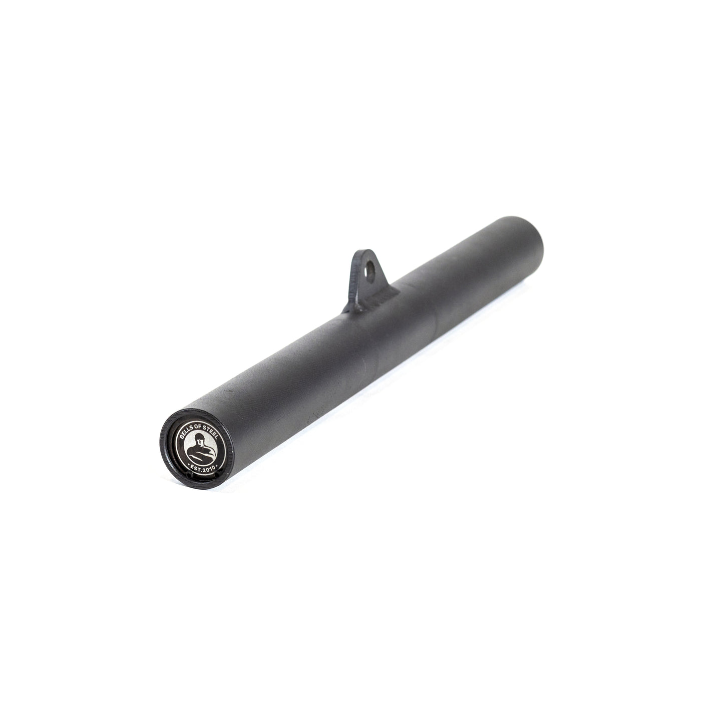 The Bells of Steel Fat Bar - Straight Handle Bar is a black cylindrical metal attachment with a top mounting tab and circular logo on one end, designed to improve grip strength, shown on a white background.