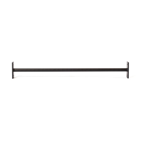 The Bells of Steel Straight Pull Up Bar, featuring a black metal finish and rectangular wall mounts on each end, echoes the robust style of power rack designs and is shown against a white background.
