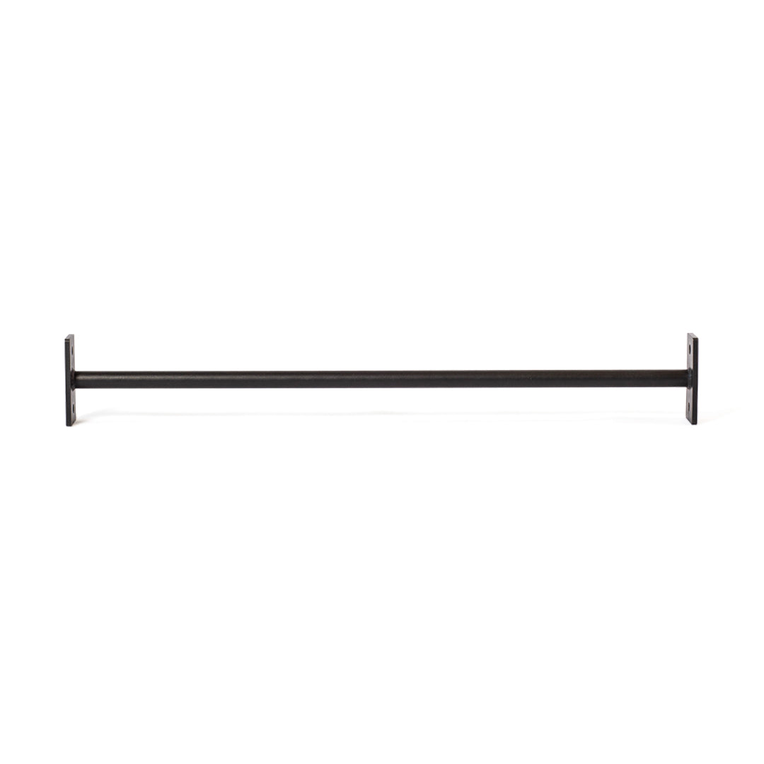 The Bells of Steel Straight Pull Up Bar, a sleek black metal bar for strength training, mounts between two rectangular wall brackets. Its minimalist design makes it ideal for any power rack setup, standing out against a plain white background.