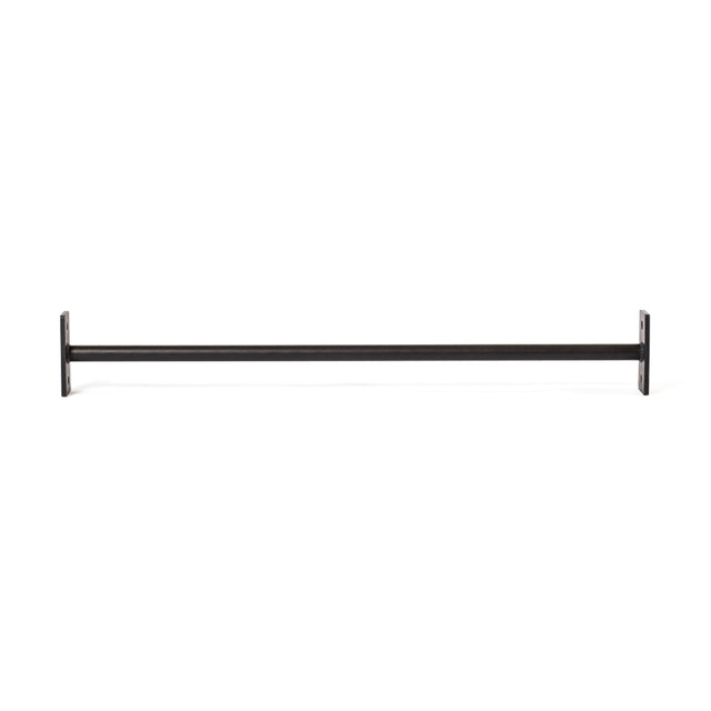 The Bells of Steel Straight Pull Up Bar, a sleek black metal bar for strength training, mounts between two rectangular wall brackets. Its minimalist design makes it ideal for any power rack setup, standing out against a plain white background.
