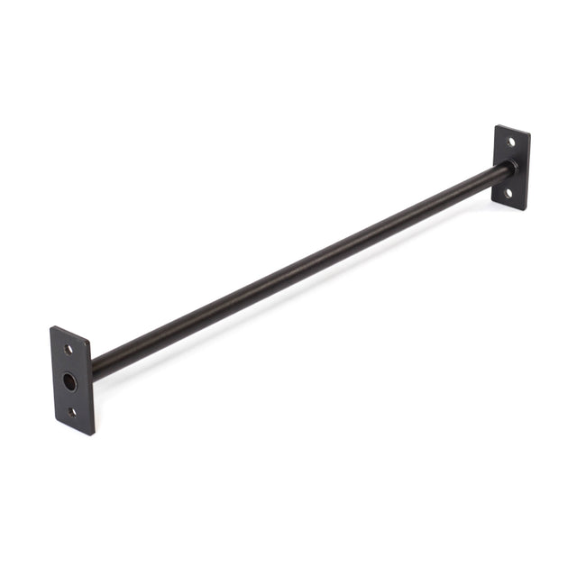 The Bells of Steel Straight Pull Up Bar is a black metal rod with square mounting plates, featuring installation holes. It's ideal for improving grip strength or supporting structures and is showcased against a white backdrop to highlight its minimalist design.