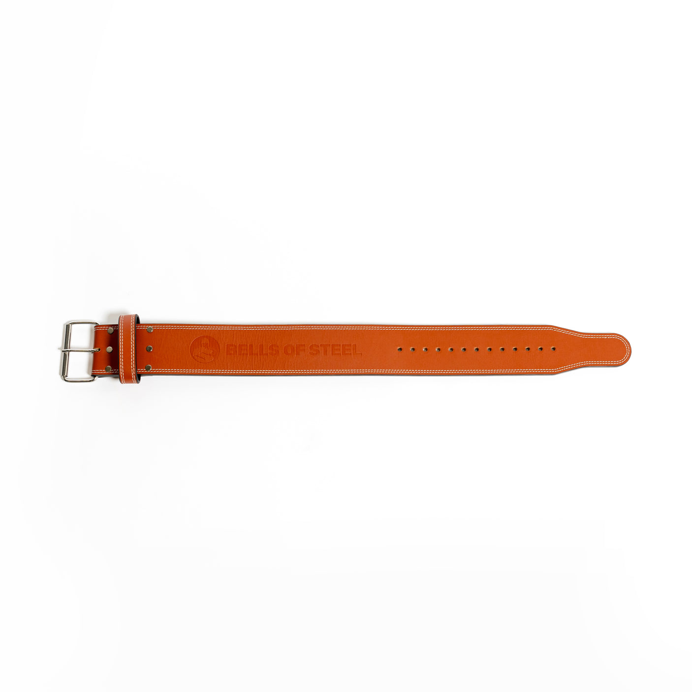 A Bells of Steel USA 10mm Leather Weightlifting Belt in brown, featuring white stitching and a silver buckle, is laid flat on a white background.