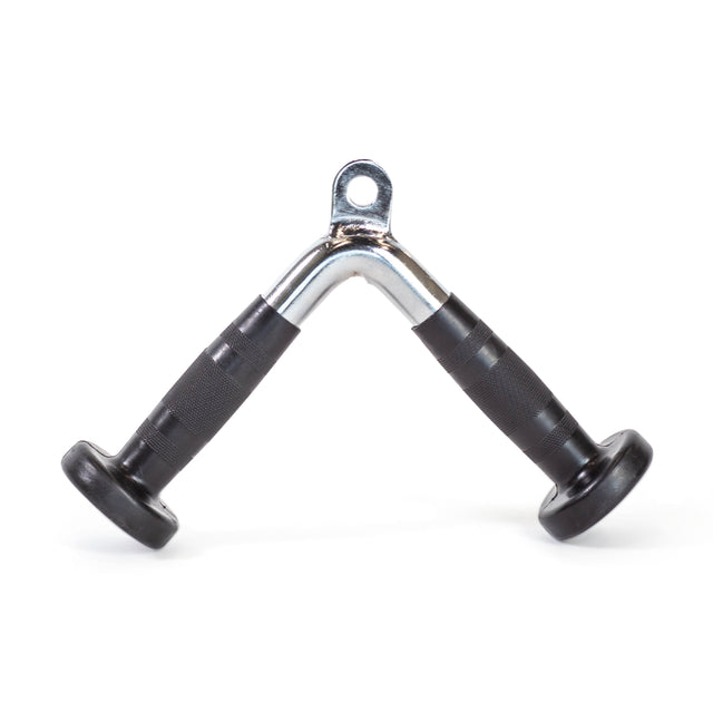 The Bells of Steel Tricep Pressdown With Ergo Handgrips is a V-shaped chrome cable attachment with black end stoppers, perfect for tricep pressdowns and strength training on gym equipment.