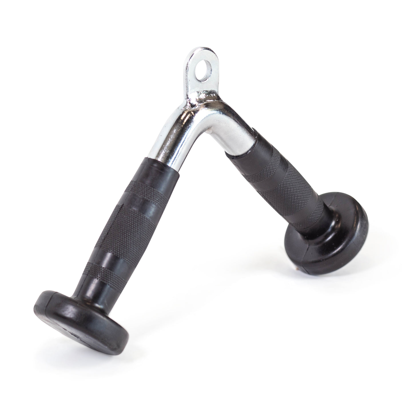 The Bells of Steel Tricep Pressdown With Ergo Handgrips is a chrome V-shaped gym attachment with textured black rubber grips, ideal for tricep pressdowns, lat pulldowns, and rowing machines.