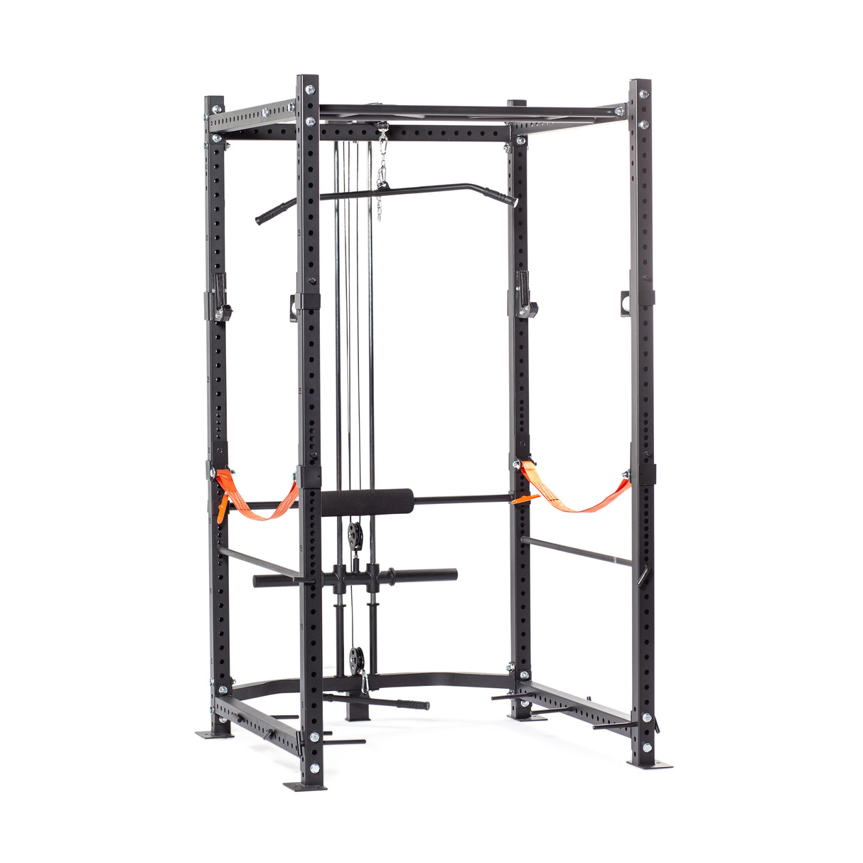 Detailed view of a tall rack lat pulldown/row attachment, highlighting the adjustable components and exercise options