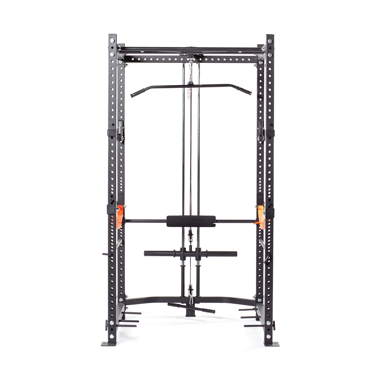 Tall rack lat pulldown/row attachment installed on a gym rack, with cables and adjustable seat for exercises.