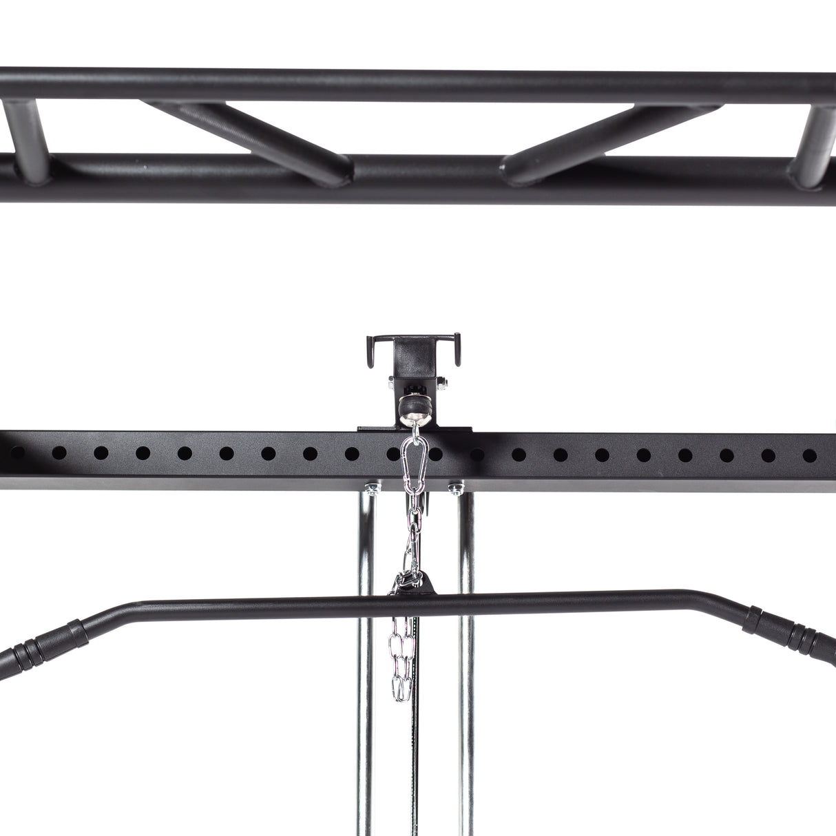 Tall rack lat pulldown/row attachment focusing on the pulldown bar and row handles
