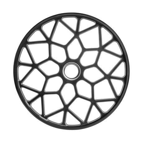 A circular black item featuring a web-like geometric pattern with pentagonal and hexagonal shapes radiating from the center, similar to weight plates, reminiscent of Bells of Steel's Technique Plates - 5 Lbs (Pair) with a virgin rubber coating.