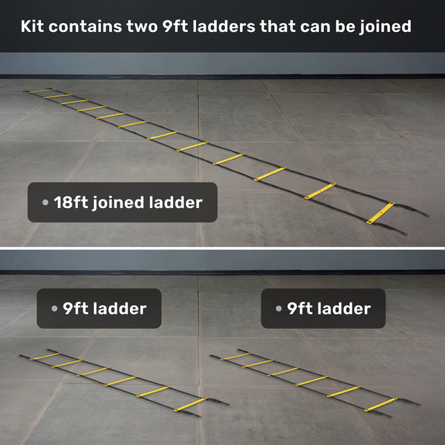 Two images display the Bells of Steel USA Agility Ladder and Leg Cord Bundle. Top: an 18ft ladder created by connecting two separate 9ft agility ladders, perfect for advanced speed and agility drills. Bottom: both 9ft ladders shown individually, each labeled to emphasize their distinct lengths. Text details the versatile components included in this comprehensive agility training kit.