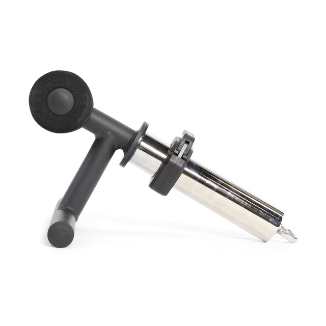 The Bells of Steel Tibialis Trainer Bar, made of metal and plastic with a black handle and nozzle, is shown on its side against a white background—perfect for cyclists aiming to prevent knee injuries.