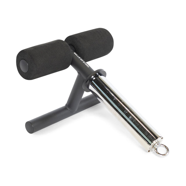 The Bells of Steel Tibialis Trainer Bar features a metal build, black foam foot pads, a horizontal base, and a silver vertical handle with a ring—perfect for knee injury prevention or pairing with your tibialis trainer bar.