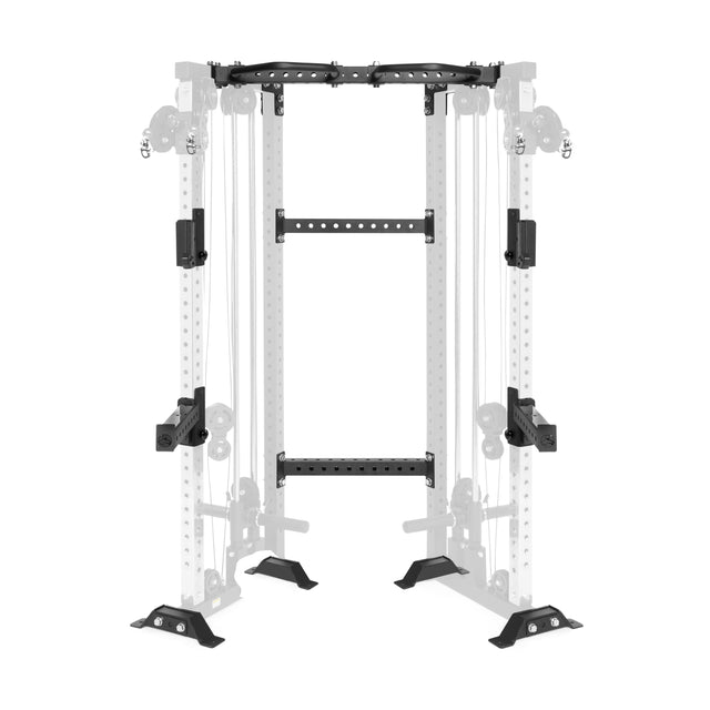 The Bells of Steel Functional Trainer Cable Tower is a black and gray power rack with adjustable pulleys and safety bars, multiple attachment points, and a stable frame. It stands prominently on a white background.
