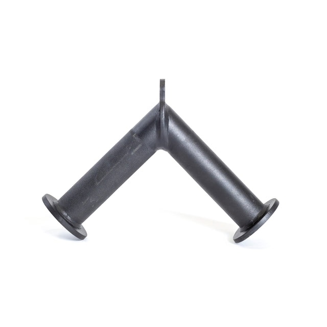 The Bells of Steel Fat Bar - Tricep Pressdown is a black metal Y-shaped pipe fitting with flanged ends and a top mounting tab—perfect for enhancing grip strength during tricep pushdowns or fat bar pressdown exercises.
