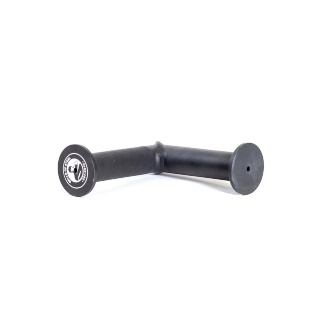 The Bells of Steel Fat Bar - Tricep Pressdown features a black, angled rubber grip with round end caps and a circular logo, ideal for tricep pushdowns to enhance grip strength. Shown on a plain white background.