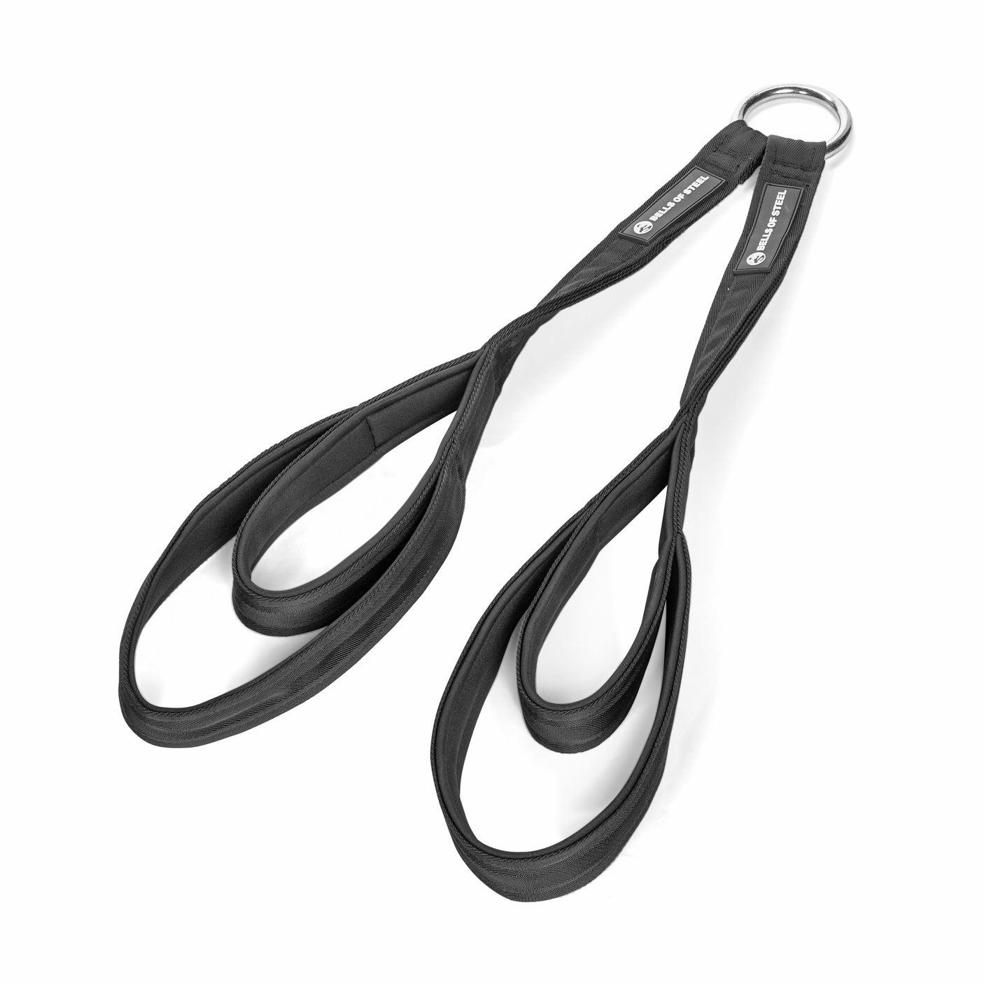 The Bells of Steel RocIT Tricep Strap features black nylon construction, padded loops, and a metal ring, ideal as a tricep strap or cable machine attachment. Shown laid flat on a white background.