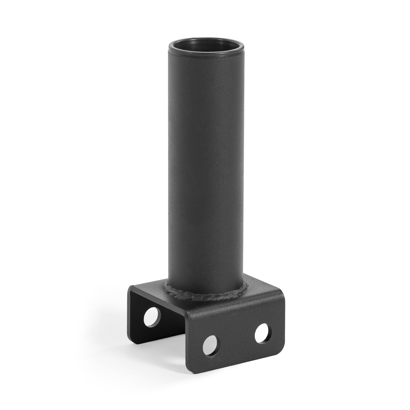 The Bells of Steel Hydra Vertical Bar Holder for Flat Foot is a black metal bracket with a vertical tube and rectangular base with four mounting holes, perfect for organizing barbells on Hydra power racks in your home gym.