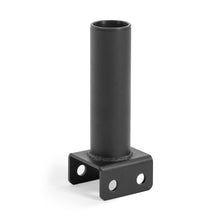 The Bells of Steel Hydra Vertical Bar Holder for Flat Foot is a black metal bracket with a vertical tube and rectangular base with four mounting holes, perfect for organizing barbells on Hydra power racks in your home gym.