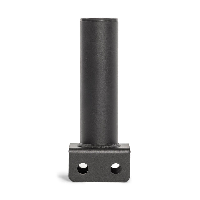 The Hydra Vertical Bar Holder for Flat Foot by Bells of Steel is a black metal barbell holder with a rectangular base and two front circular holes—ideal for organizing your home gym. Photographed on a white background.