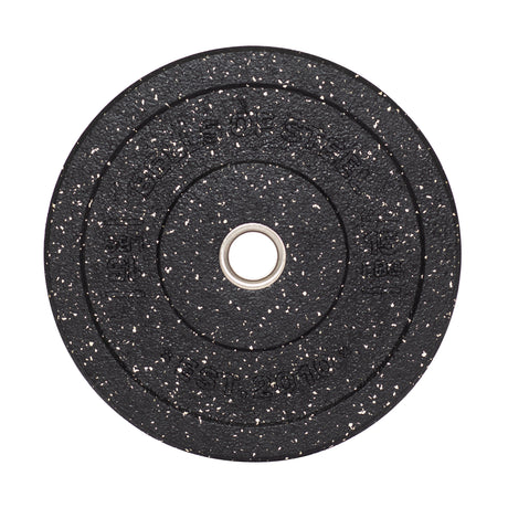 A close-up of Bells of Steel's Crumb Bumper Plate showcases its black design with white speckles, textured surface, and metallic center hole for barbells. Ideal for lifting, the plate features embossed weight identification.
