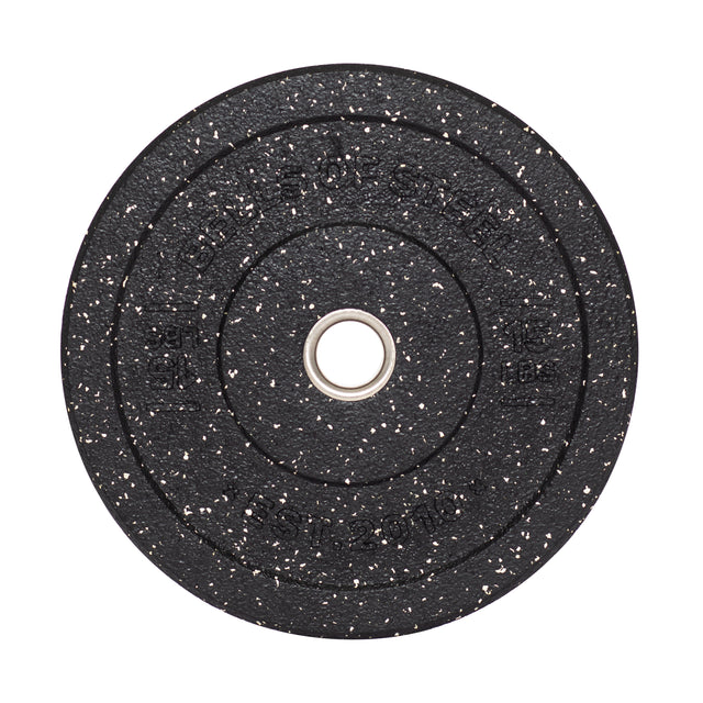 A close-up of Bells of Steel's Crumb Bumper Plate showcases its black design with white speckles, textured surface, and metallic center hole for barbells. Ideal for lifting, the plate features embossed weight identification.