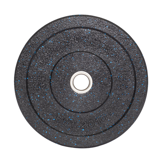 A Bells of Steel Crumb Bumper Plate, viewed from above, features a black design with a blue speckle pattern and silver inner ring. It has the brand and weight imprinted, making it ideal to elevate your lifting game.