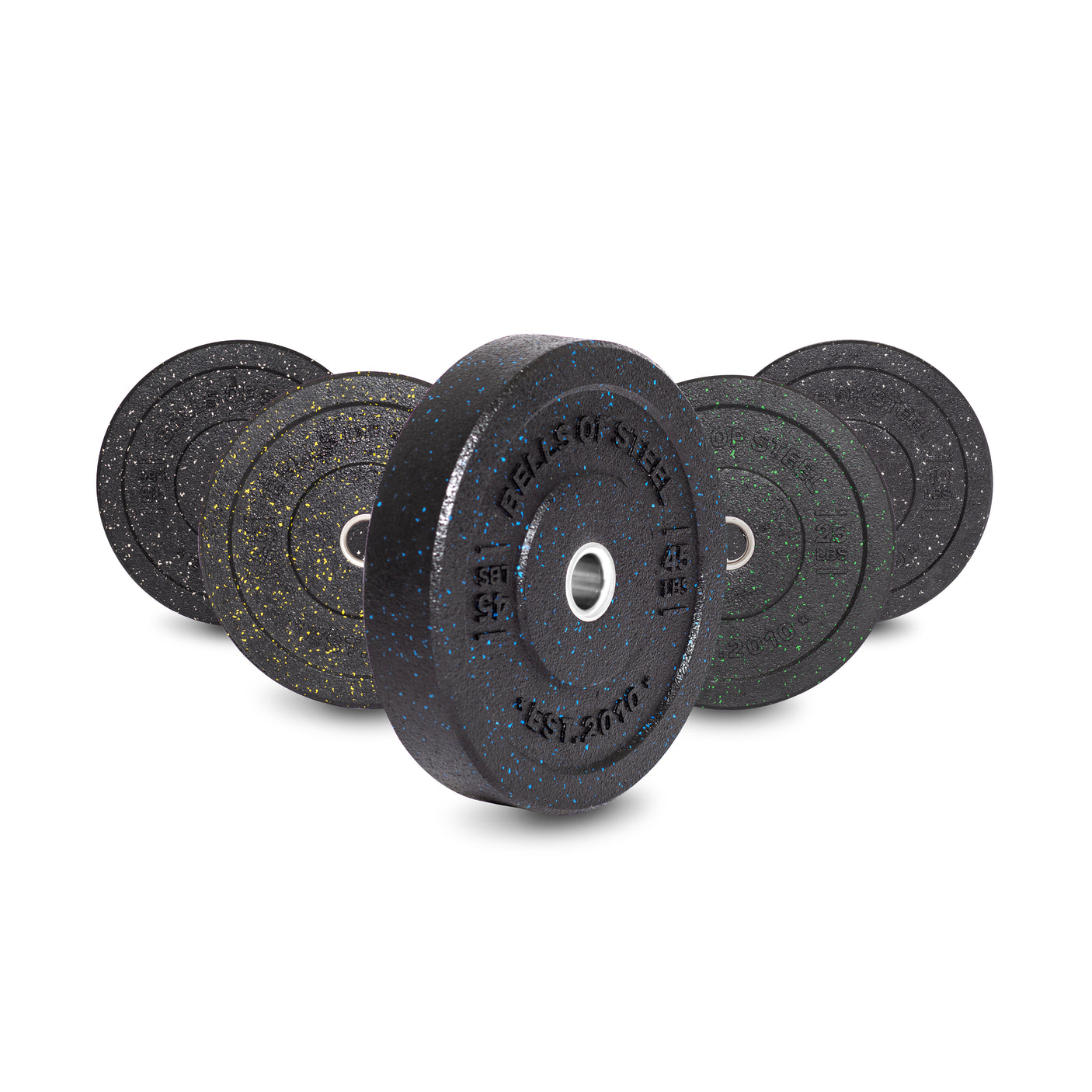 A set of Bells of Steel Crumb Bumper Plates with colored speckles and white centers is staggered from smallest to largest, displaying weights like 15 kg and 25 kg. These plates add texture to your lifting routine.