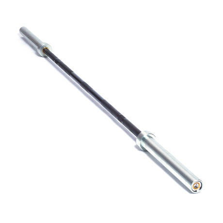The Bells of Steel Multi-Purpose Olympic Barbell – The Utility Bar showcases a silver design with Cerakote coating, featuring two rotating sleeves, a black grip section, and brass bushings for smooth movement, elegantly displayed diagonally on a white background.