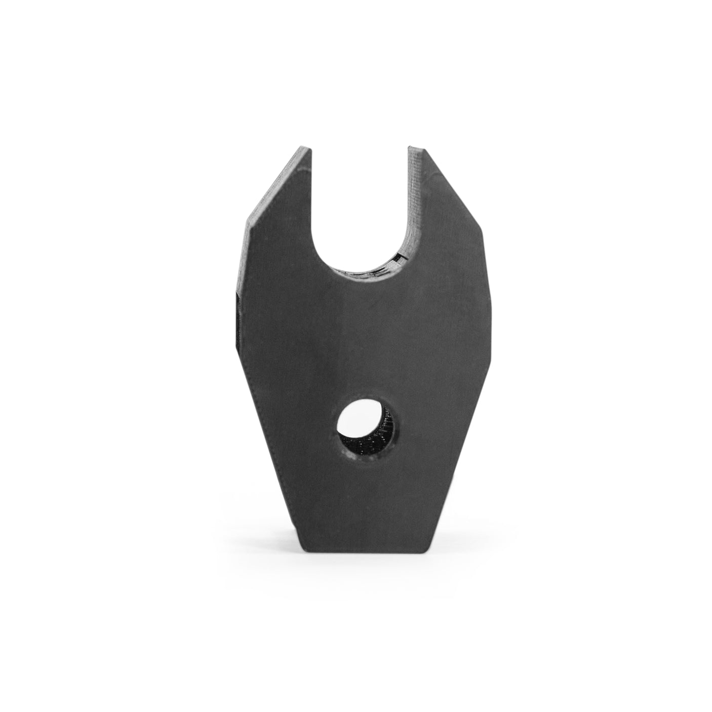 The Bells of Steel Above Rack Barbell Holder is a black metal component with an angular, shield-like design, a U-shaped notch on top, and a lower center hole—designed to attach to power racks for barbell storage.