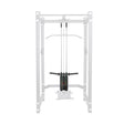 The Bells of Steel USA Hydra / Manticore Lat Pulldown Plate Loaded to Selectorized Upgrade Kit mounts inside a white power rack and features both a lat pulldown bar up top and a low row handle attachment at the base.