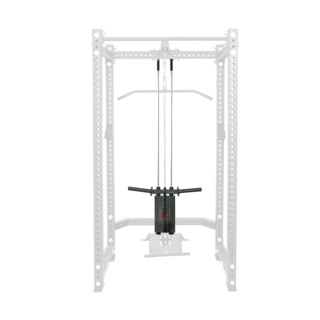 The Bells of Steel USA Hydra / Manticore Lat Pulldown Plate Loaded to Selectorized Upgrade Kit mounts inside a white power rack and features both a lat pulldown bar up top and a low row handle attachment at the base.