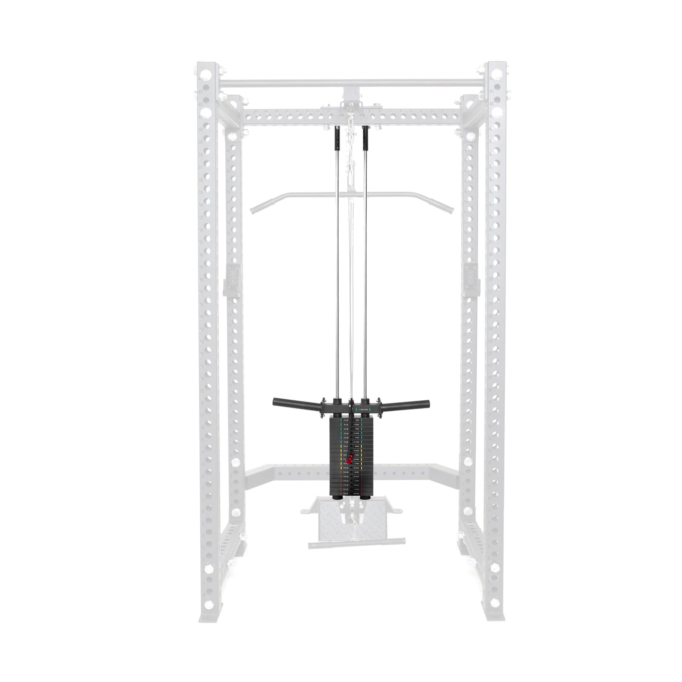 The white Hydra/Manticore Lat Pulldown Kit by Bells of Steel USA upgrades to a selectorized system with weight stack, cable setup, top wide grip bar, and bottom seated row handle. The sturdy frame has evenly spaced holes for easy adjustments.