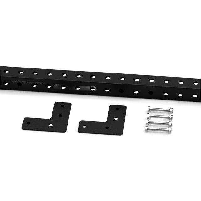 The Bells of Steel Back Upright Attachment for Cable Tower includes a black metal bar with multiple holes, two black L-shaped brackets, and four silver bolts with nuts—perfect for assembling your Plate Loaded Cable Tower setup.