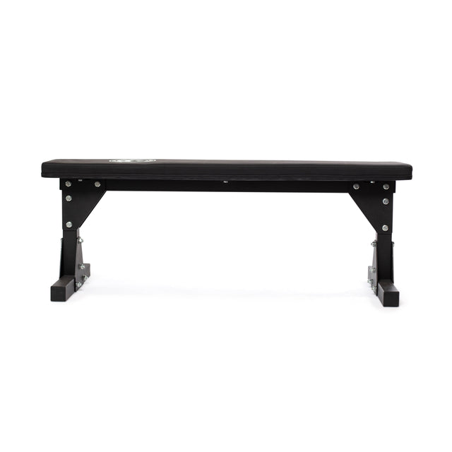 The Bells of Steel Flat Utility Bench features a black padded top, sturdy metal legs, and supports up to 661lb—ideal for strength training. This budget bench is shown against a plain white background.