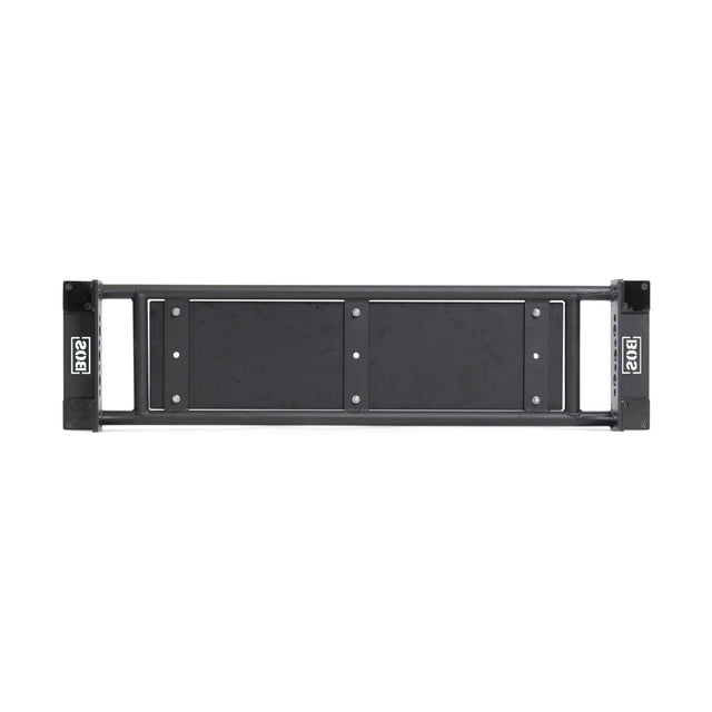 The Bells of Steel Utility Seat for Hydra/Manticore is a black metal rack mount shelf with two rectangular panels and four mounting holes, designed for a 3"x3" rack and shown front-facing against a white background.