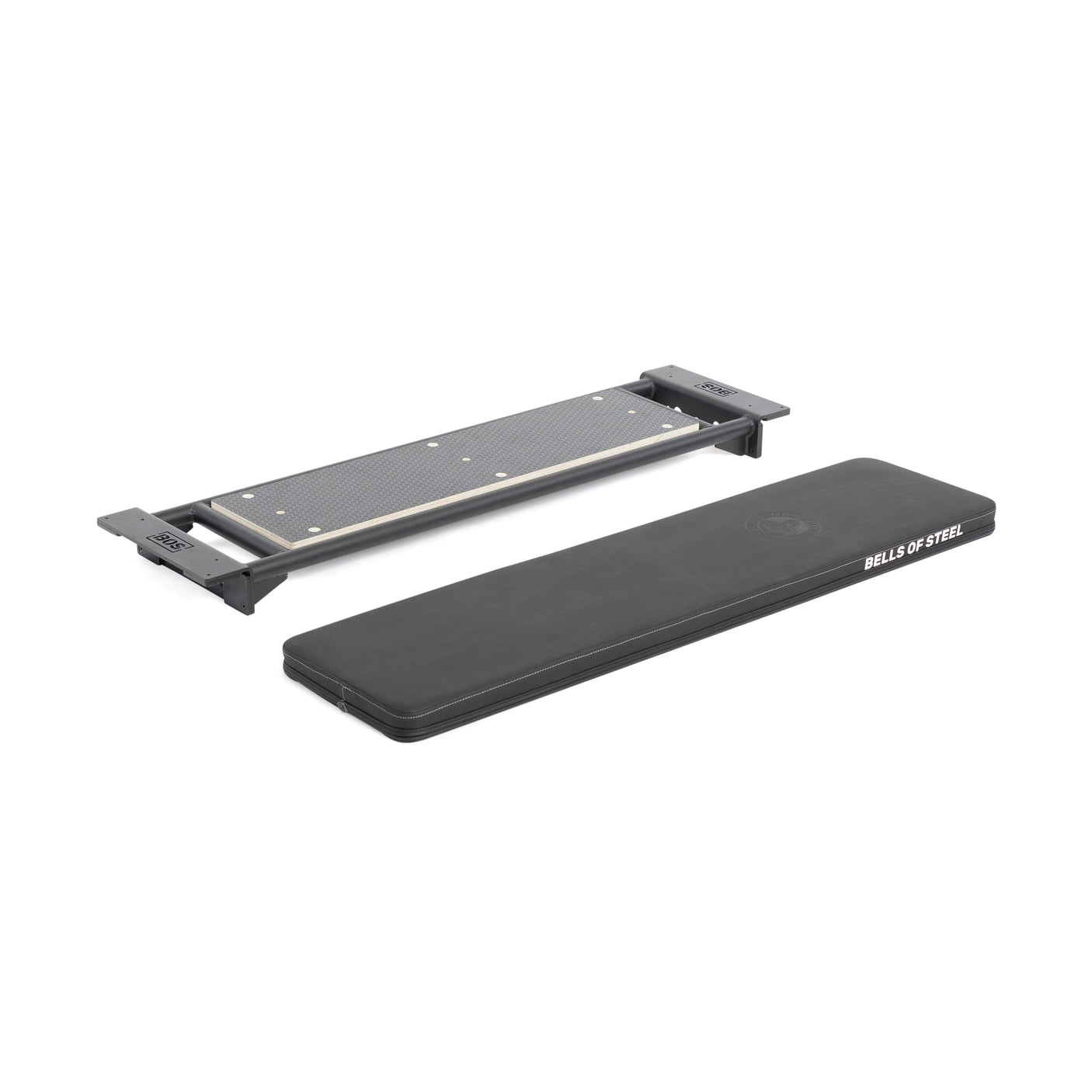 Two fitness equipment pieces on a white background: a black padded adjustable bench with "Bells of Steel" branding, and the Bells of Steel Utility Seat for Hydra/Manticore—a rectangular metal platform with textured surface and end brackets.