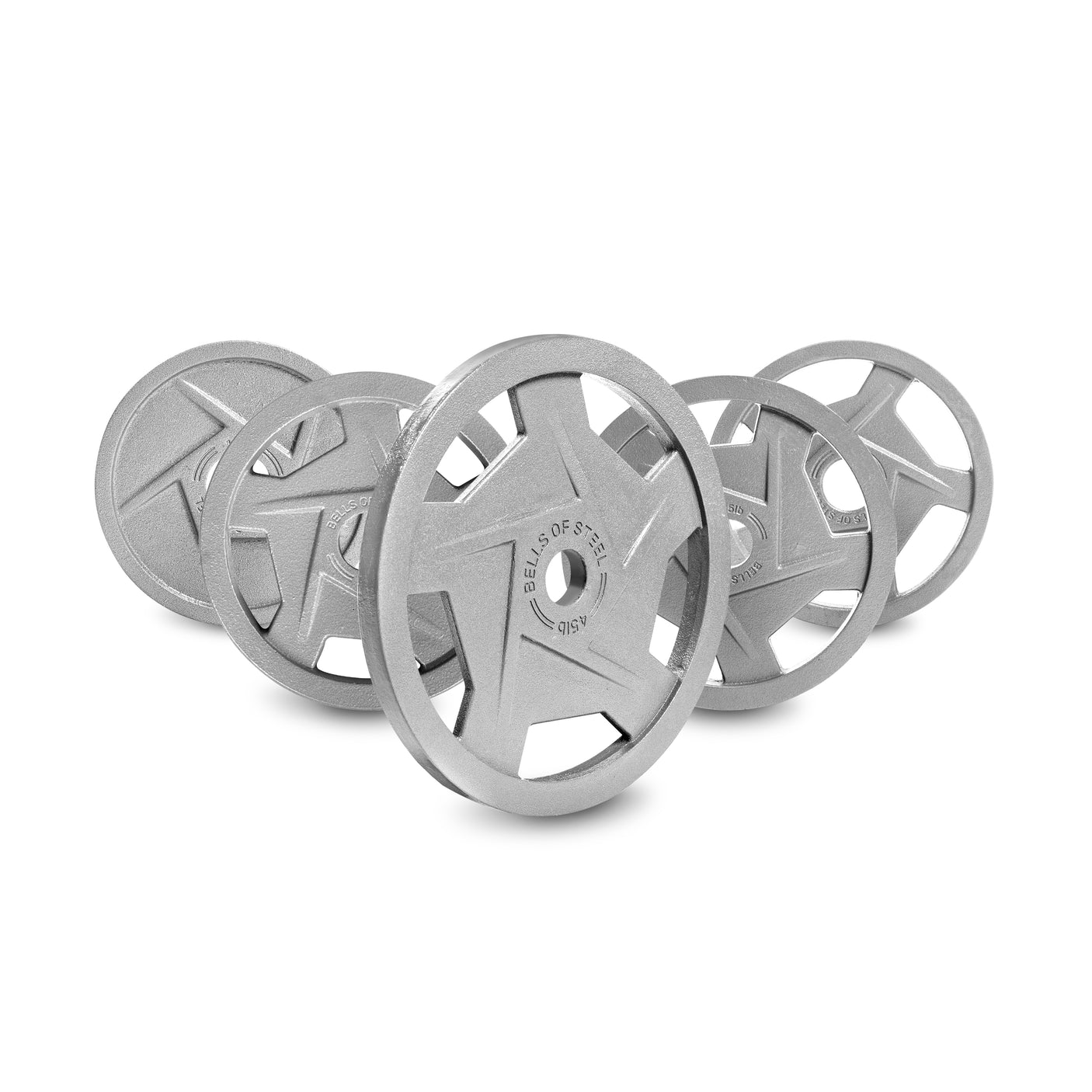 Four Gray Mighty Grip Olympic Weight Plates are staggered with overlapping patterns. Each cast iron plate features central circular openings, triangular cutouts, and displays "Bells of Steel" along with their weights, set prominently against a plain white background.