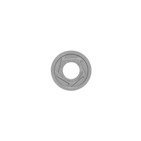 The Gray Mighty Grip Olympic Weight Plates from Bells of Steel feature a silver circular disc with an empty center, engraved text, and arrow-like edge designs for ergonomic ease.