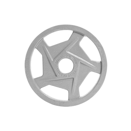 A circular gray Bells of Steel Mighty Grip Olympic weight plate features "15 LB" and "USA" engravings on a smooth surface with cut-out patterns. Its ergonomic design ensures easy handling during workouts.