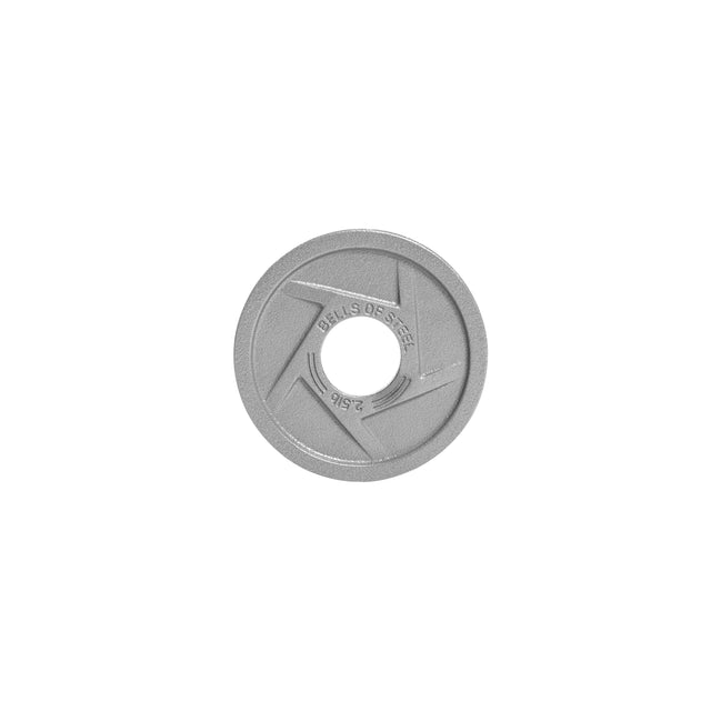 The Bells of Steel "Gray Mighty Grip Olympic Weight Plate" is 2.5 LB, silver with a circular ergonomic design, labeled with its name and brand, featuring a central hole for barbell insertion, displayed against a plain white background.