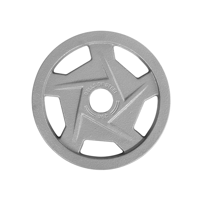 A gray Mighty Grip Olympic weight plate by Bells of Steel features a star-shaped cutout design with "BELLS OF STEEL 45 LB" embossed. Its ergonomic design includes precision grip handles and five large openings, showcasing a unique geometric pattern.